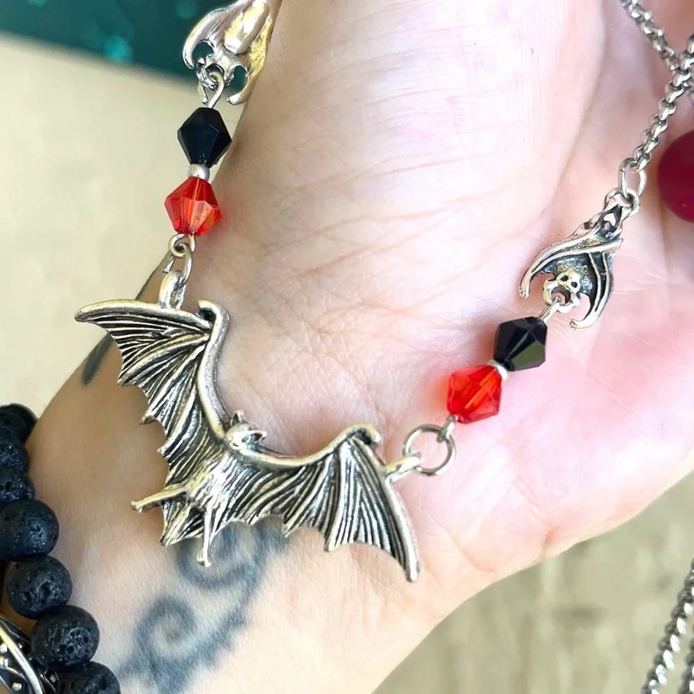 Silver Bat choker necklace . Double layer onyx chips & bats Handmade goth boho_15